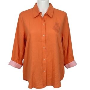 LAUREN Ralph Lauren Women's XL Orange Linen Crest Emblem Shirt NEW - CJ